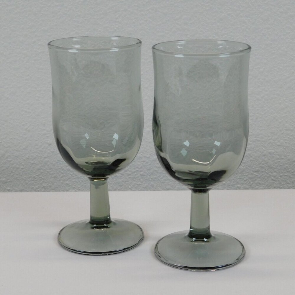 Lot of 2 Duz Crystal Swedish Modern Smoke 6.5" Water Goblet Smooth Stem Vintage